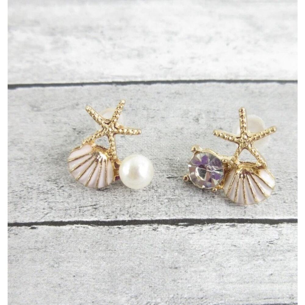 Seashell Stud Earrings Starfish Rhinestone Pearl Pierced Beach Jewelry Vacation